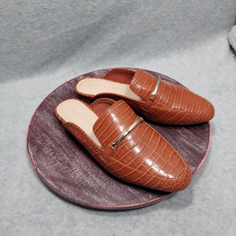 Kelly & Katie Oana Womens Crocodile Embossed Brown Slip-On Mules With Metal Acce - Picture 2 of 8